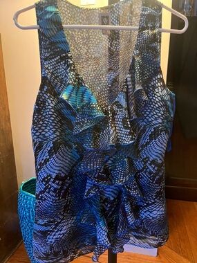 Anne Klein Blue and Black Ruffled Sleeveless Tunic